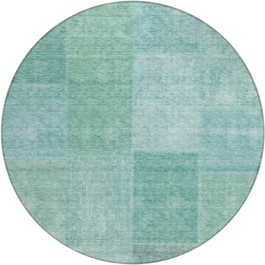 8' Teal Blue Sage And Green Round Patchwork Washable Indoor Outdoor Area Rug Photo 2