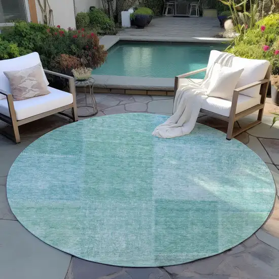 8' Teal Blue Sage And Green Round Patchwork Washable Indoor Outdoor Area Rug Photo 7
