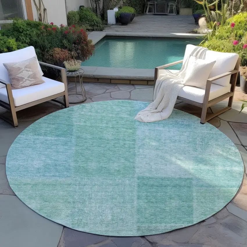 8' Teal Blue Sage And Green Round Patchwork Washable Indoor Outdoor Area Rug Photo 7