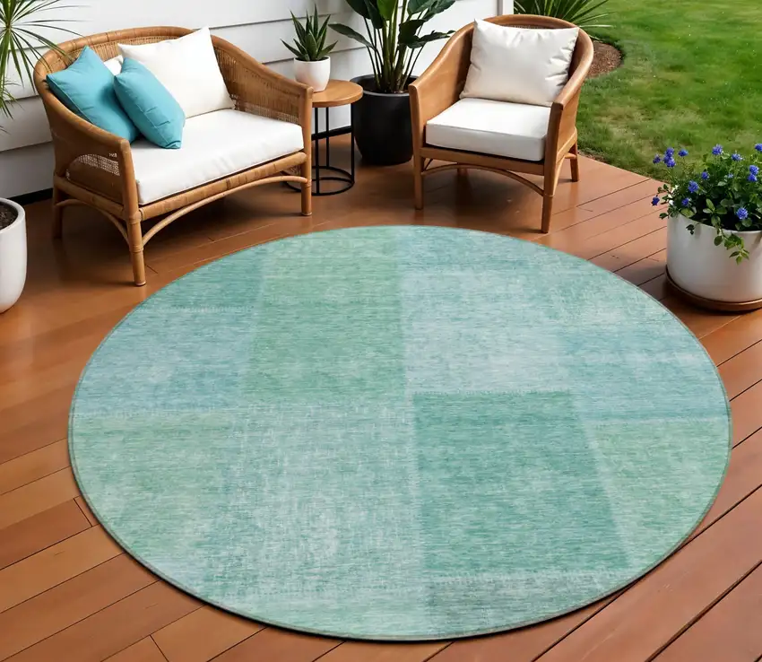 8' Teal Blue Sage And Green Round Patchwork Washable Indoor Outdoor Area Rug Photo 1