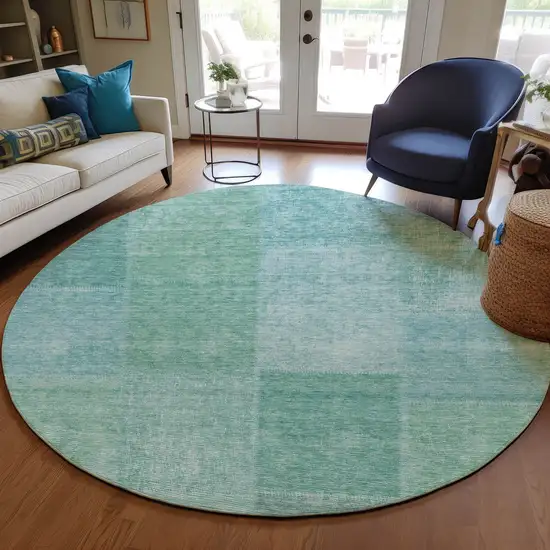 8' Teal Blue Sage And Green Round Patchwork Washable Indoor Outdoor Area Rug Photo 8