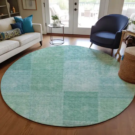 8' Teal Blue Sage And Green Round Patchwork Washable Indoor Outdoor Area Rug Photo 8