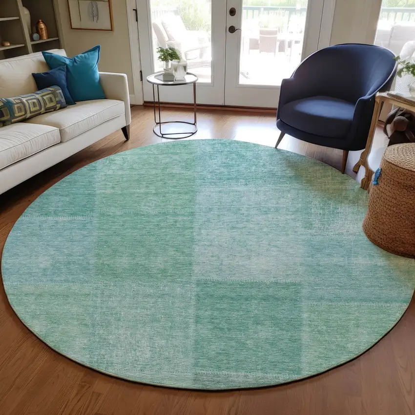 8' Teal Blue Sage And Green Round Patchwork Washable Indoor Outdoor Area Rug Photo 8