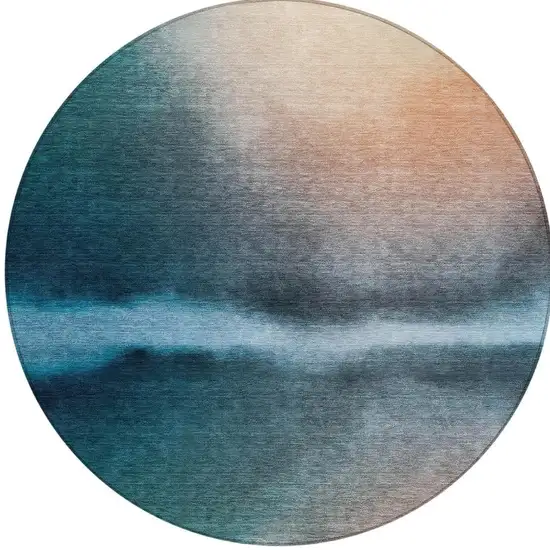 8' Teal Blue Salmon And Ivory Round Abstract Washable Indoor Outdoor Area Rug Photo 2