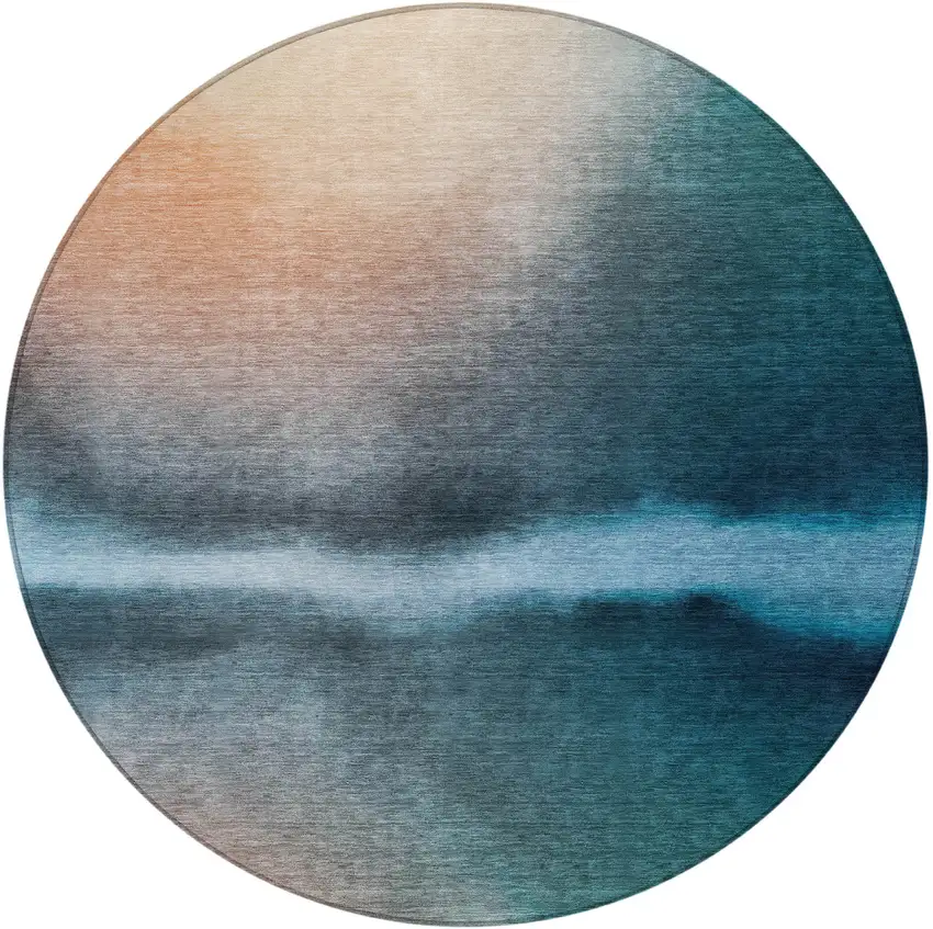 8' Teal Blue Salmon And Ivory Round Abstract Washable Indoor Outdoor Area Rug Photo 3