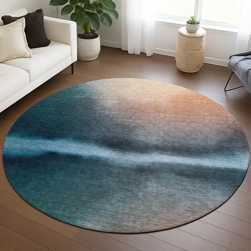 8' Teal Blue Salmon And Ivory Round Abstract Washable Indoor Outdoor Area Rug Photo 5