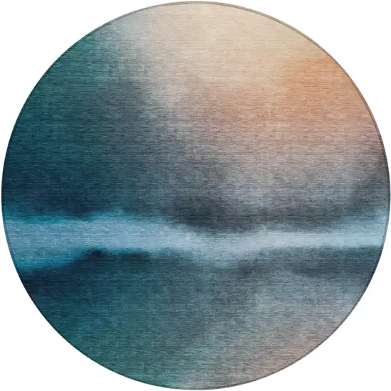 8' Teal Blue Salmon And Ivory Round Abstract Washable Indoor Outdoor Area Rug Photo 1