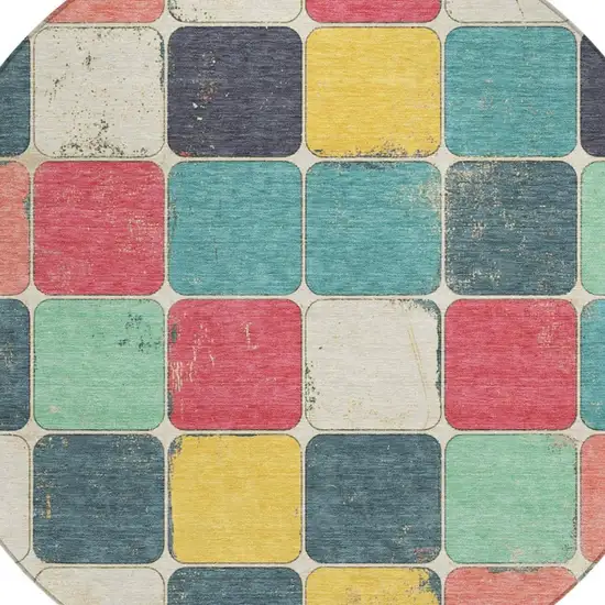 8' Teal Blue Salmon And Yellow Round Geometric Washable Indoor Outdoor Area Rug Photo 8