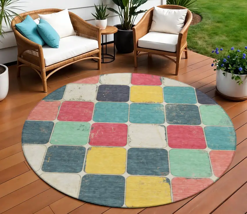 8' Teal Blue Salmon And Yellow Round Geometric Washable Indoor Outdoor Area Rug Photo 2