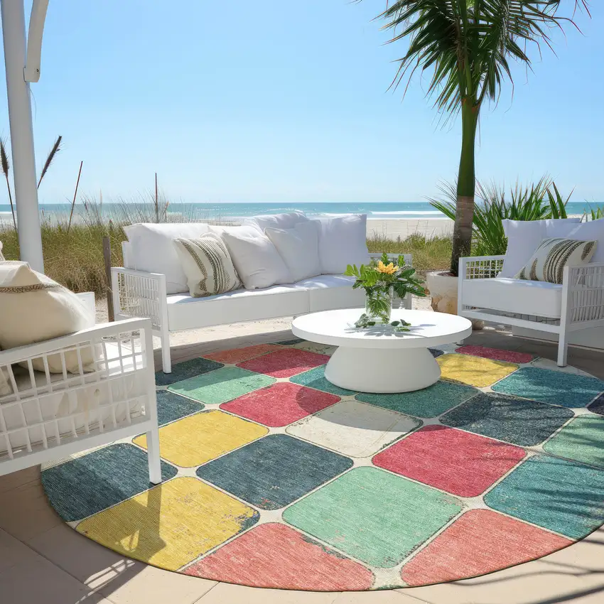 8' Teal Blue Salmon And Yellow Round Geometric Washable Indoor Outdoor Area Rug Photo 6