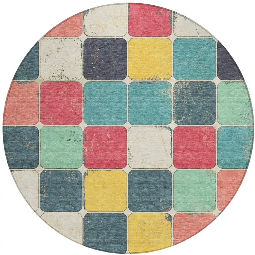8' Teal Blue Salmon And Yellow Round Geometric Washable Indoor Outdoor Area Rug Photo 1