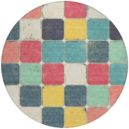 8' Teal Blue Salmon And Yellow Round Geometric Washable Indoor Outdoor Area Rug Photo 3