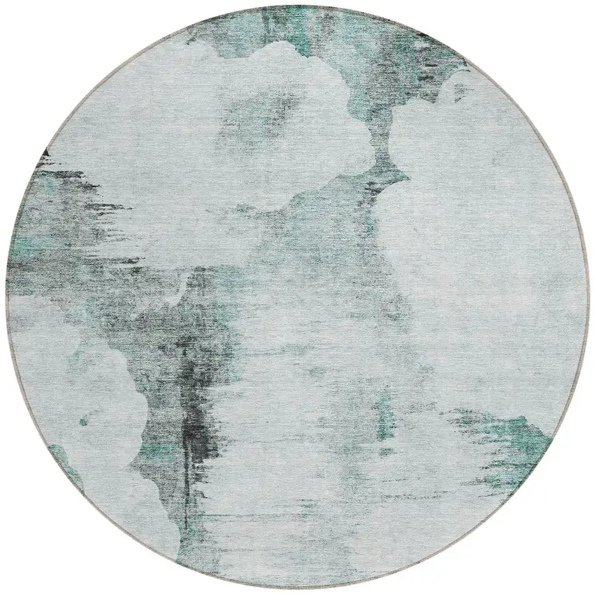 8' Teal Blue Silver And Gray Round Abstract Washable Indoor Outdoor Area Rug Photo 5