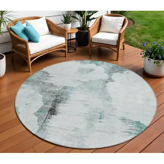 8' Teal Blue Silver And Gray Round Abstract Washable Indoor Outdoor Area Rug Photo 1