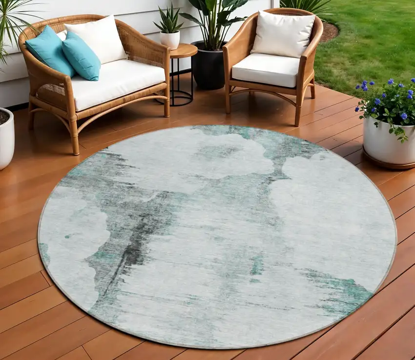 8' Teal Blue Silver And Gray Round Abstract Washable Indoor Outdoor Area Rug Photo 1