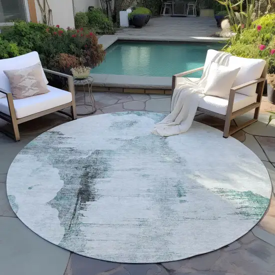 8' Teal Blue Silver And Gray Round Abstract Washable Indoor Outdoor Area Rug Photo 6