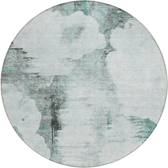 8' Teal Blue Silver And Gray Round Abstract Washable Indoor Outdoor Area Rug Photo 1