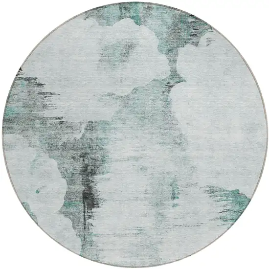 8' Teal Blue Silver And Gray Round Abstract Washable Indoor Outdoor Area Rug Photo 1