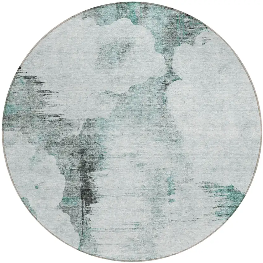 8' Teal Blue Silver And Gray Round Abstract Washable Indoor Outdoor Area Rug Photo 1