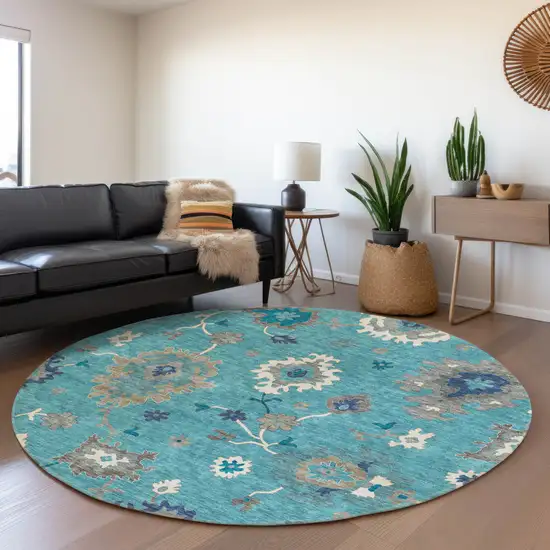 8' Teal Blue Silver And Gray Round Floral Washable Indoor Outdoor Area Rug Photo 8