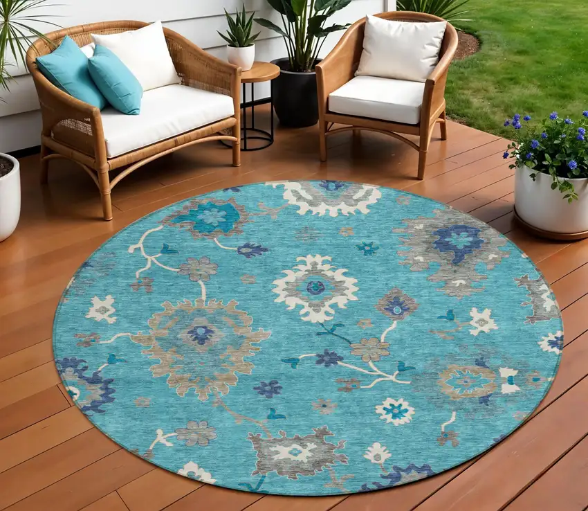 8' Teal Blue Silver And Gray Round Floral Washable Indoor Outdoor Area Rug Photo 1