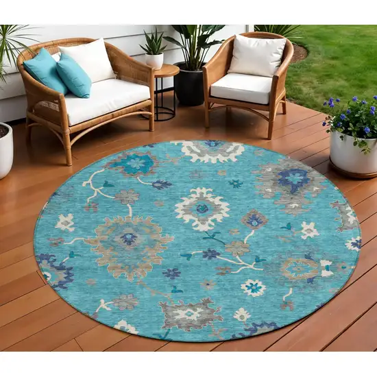 8' Teal Blue Silver And Gray Round Floral Washable Indoor Outdoor Area Rug Photo 1