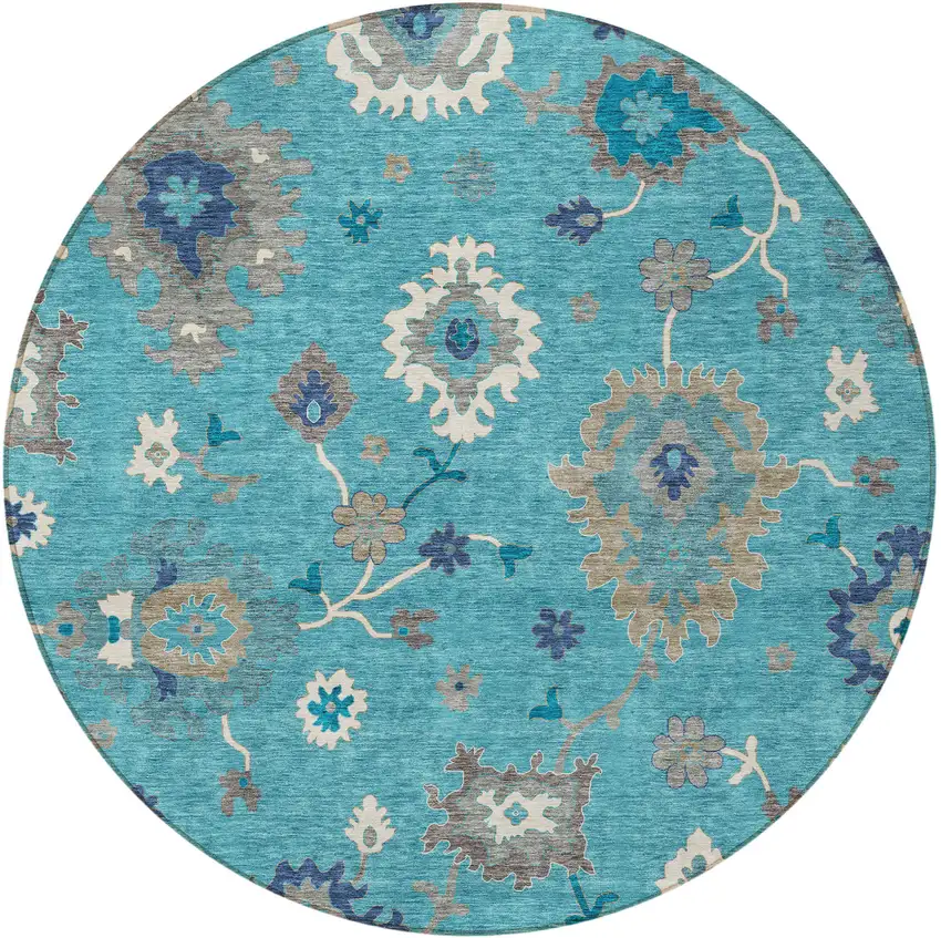 8' Teal Blue Silver And Gray Round Floral Washable Indoor Outdoor Area Rug Photo 6