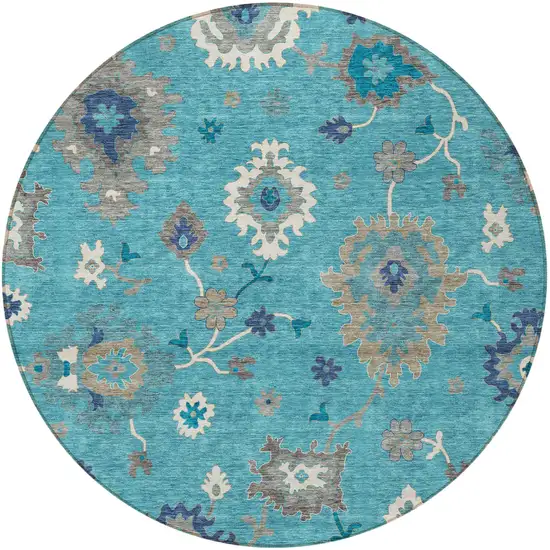 8' Teal Blue Silver And Gray Round Floral Washable Indoor Outdoor Area Rug Photo 6