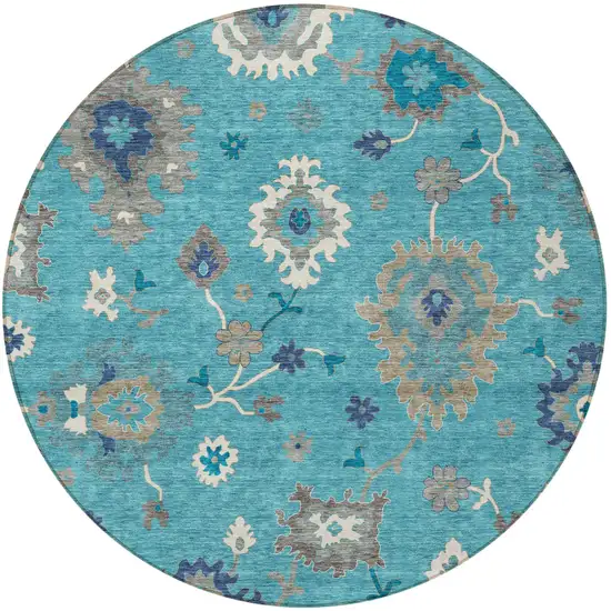 8' Teal Blue Silver And Gray Round Floral Washable Indoor Outdoor Area Rug Photo 6
