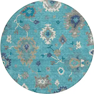 Photo of 8' Teal Blue Silver And Gray Round Floral Washable Indoor Outdoor Area Rug
