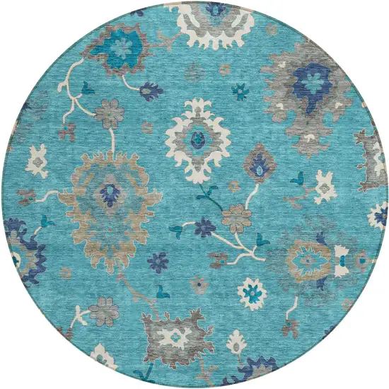 8' Teal Blue Silver And Gray Round Floral Washable Indoor Outdoor Area Rug Photo 1