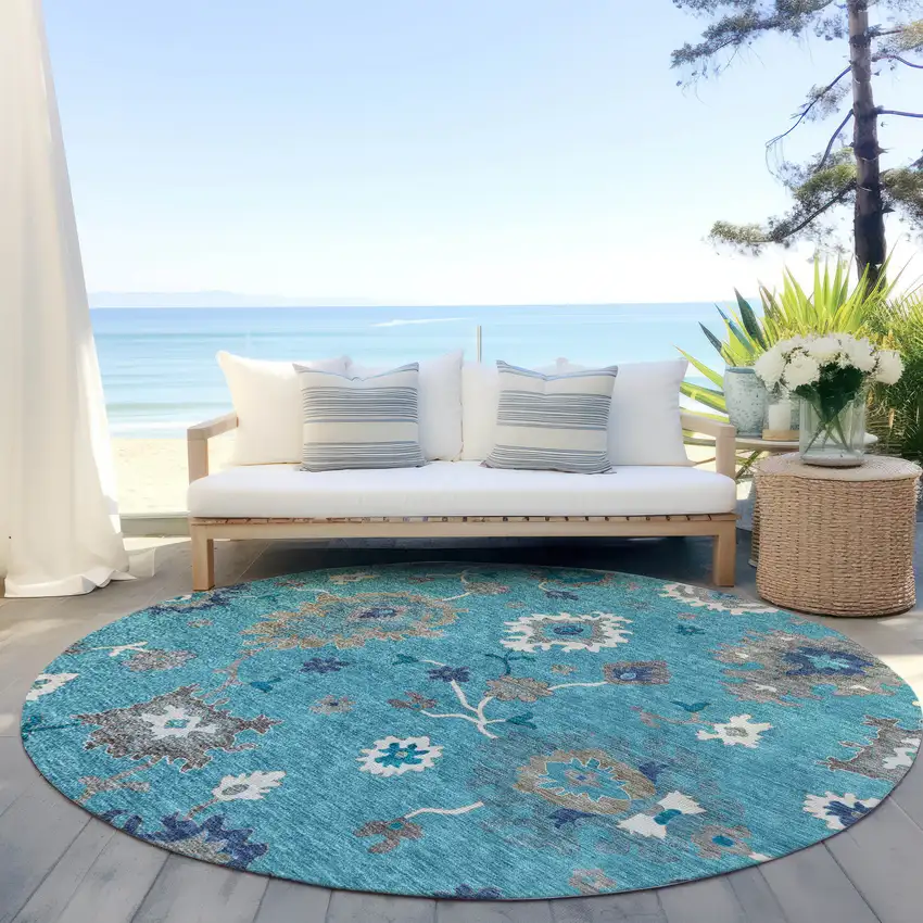 8' Teal Blue Silver And Gray Round Floral Washable Indoor Outdoor Area Rug Photo 7