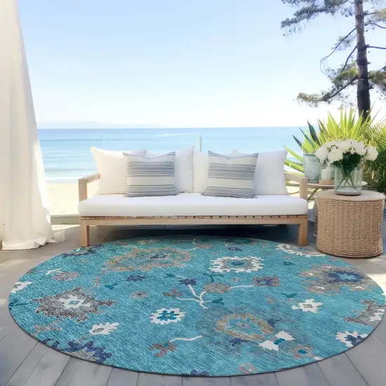 8' Teal Blue Silver And Gray Round Floral Washable Indoor Outdoor Area Rug Photo 7