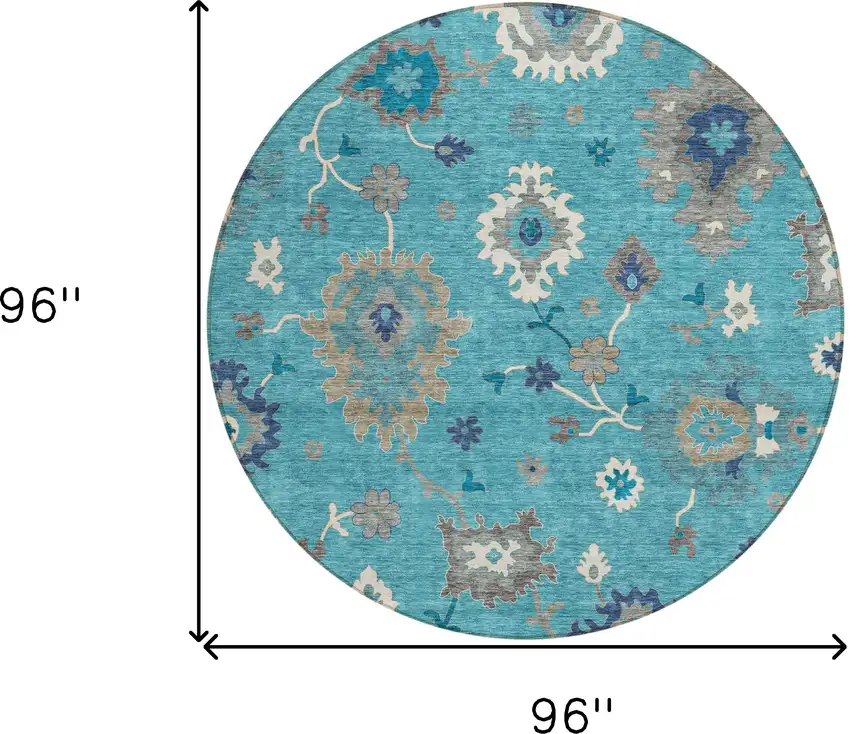 8' Teal Blue Silver And Gray Round Floral Washable Indoor Outdoor Area Rug Photo 9