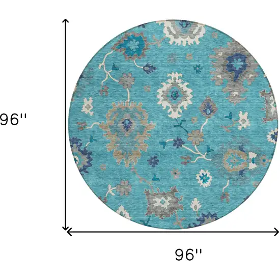 8' Teal Blue Silver And Gray Round Floral Washable Indoor Outdoor Area Rug Photo 9