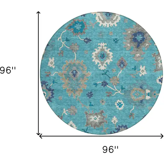8' Teal Blue Silver And Gray Round Floral Washable Indoor Outdoor Area Rug Photo 9