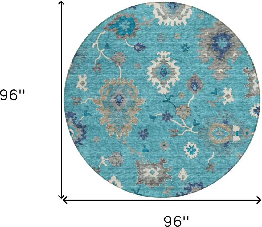 8' Teal Blue Silver And Gray Round Floral Washable Indoor Outdoor Area Rug Photo 9
