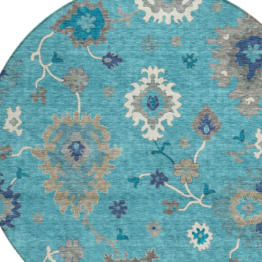 8' Teal Blue Silver And Gray Round Floral Washable Indoor Outdoor Area Rug Photo 6