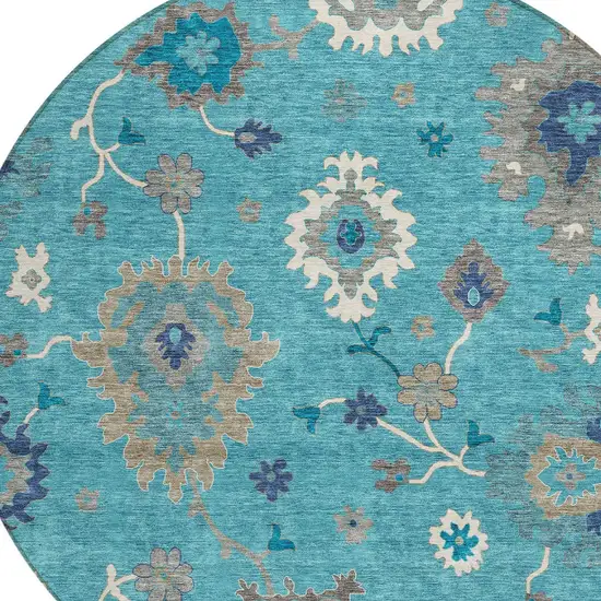 8' Teal Blue Silver And Gray Round Floral Washable Indoor Outdoor Area Rug Photo 6