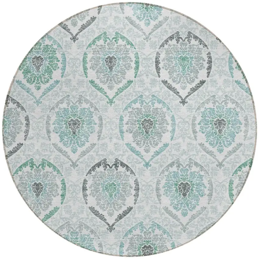 8' Teal Blue Silver And Gray Round Medallion Washable Indoor Outdoor Area Rug Photo 5
