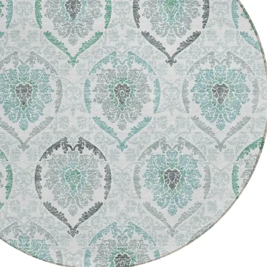 8' Teal Blue Silver And Gray Round Medallion Washable Indoor Outdoor Area Rug Photo 4