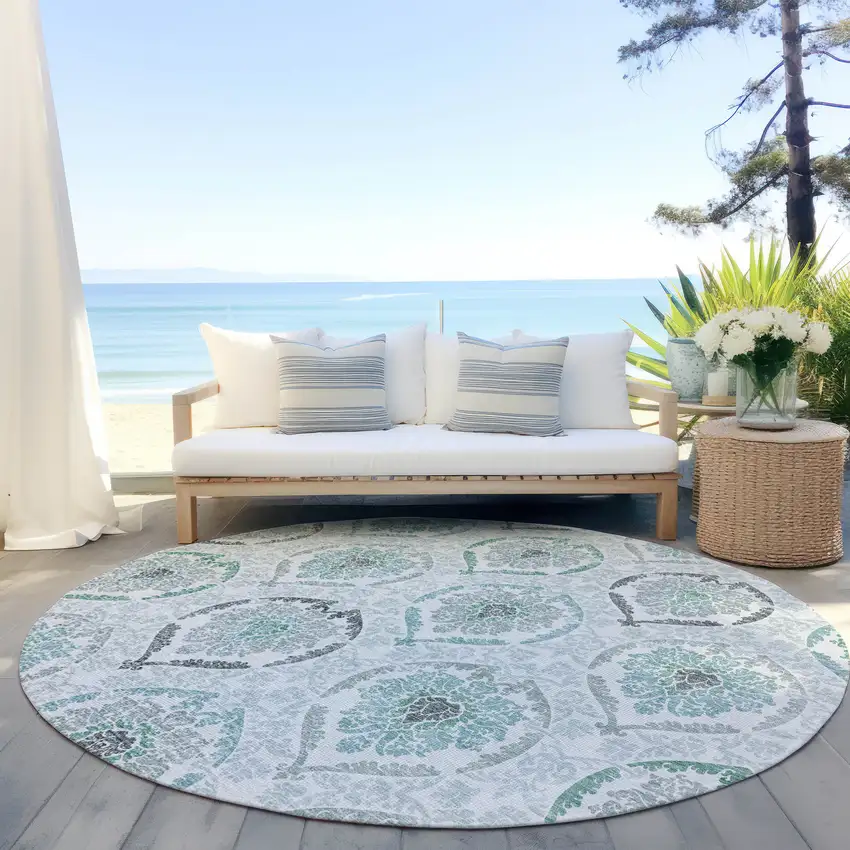 8' Teal Blue Silver And Gray Round Medallion Washable Indoor Outdoor Area Rug Photo 6