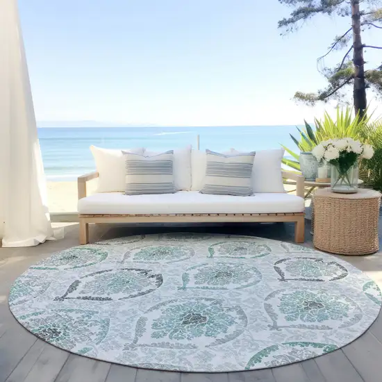 8' Teal Blue Silver And Gray Round Medallion Washable Indoor Outdoor Area Rug Photo 6