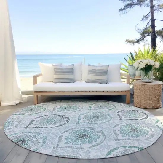 8' Teal Blue Silver And Gray Round Medallion Washable Indoor Outdoor Area Rug Photo 6