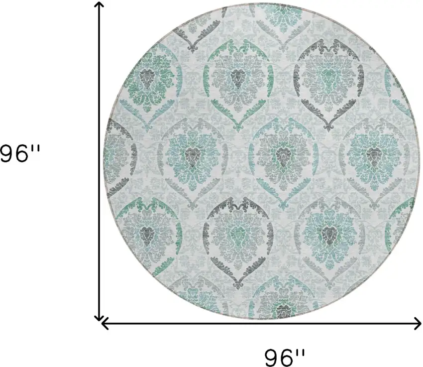 8' Teal Blue Silver And Gray Round Medallion Washable Indoor Outdoor Area Rug Photo 3