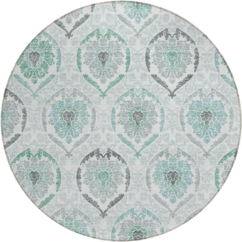 8' Teal Blue Silver And Gray Round Medallion Washable Indoor Outdoor Area Rug Photo 2