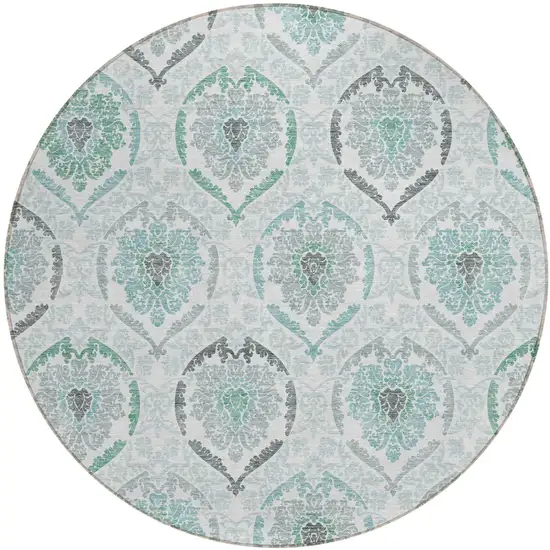 8' Teal Blue Silver And Gray Round Medallion Washable Indoor Outdoor Area Rug Photo 2