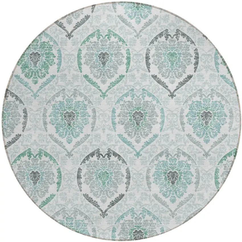8' Teal Blue Silver And Gray Round Medallion Washable Indoor Outdoor Area Rug Photo 2