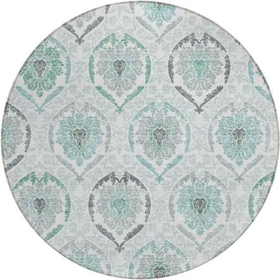 8' Teal Blue Silver And Gray Round Medallion Washable Indoor Outdoor Area Rug Photo 2