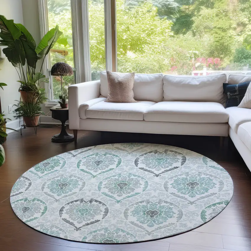 8' Teal Blue Silver And Gray Round Medallion Washable Indoor Outdoor Area Rug Photo 7